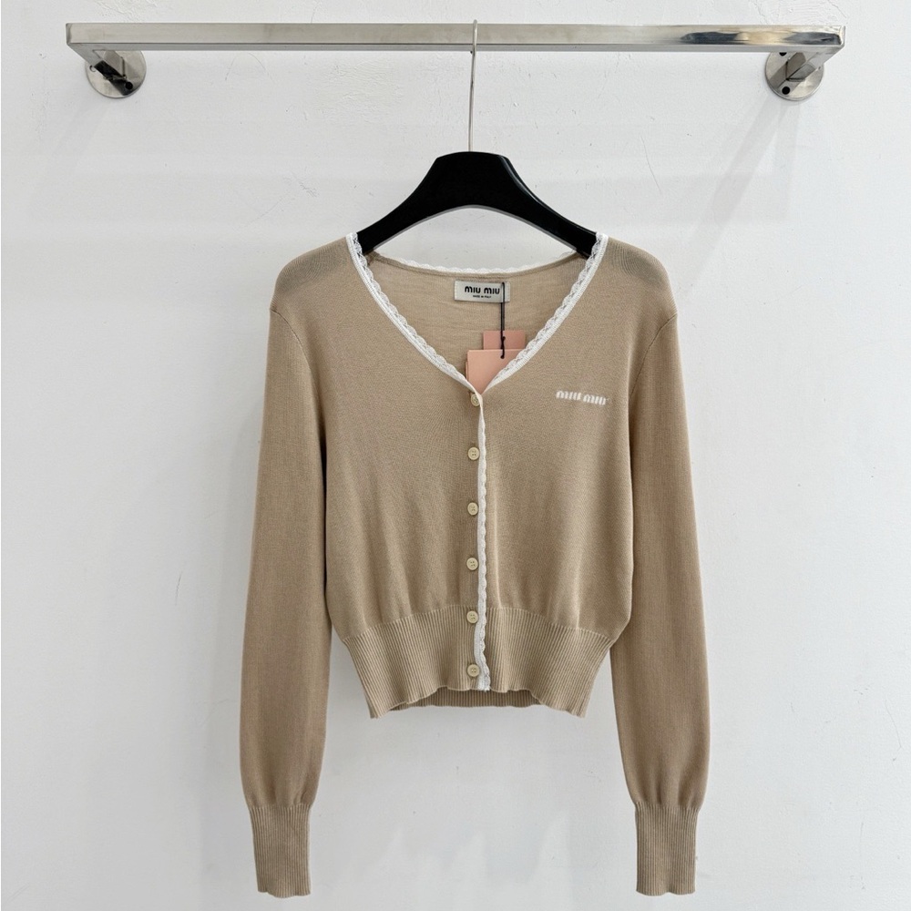 Miu Miu Beige Cardigan with White Lace Trim